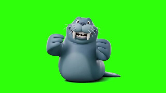 A friendly 3D animated walrus with large tusks stands confidently with raised fists on a green screen background. Suitable for arctic wildlife videos, cartoon game characters, kids animations, and mas