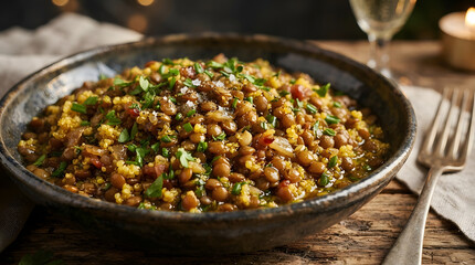 Obraz premium Lentils Mixed with Golden Grains and Herbs in a Rustic Bowl, Healthy Vegetarian Meal, Close-Up Food Photography. Culinary Concept, Nutritious Dish.