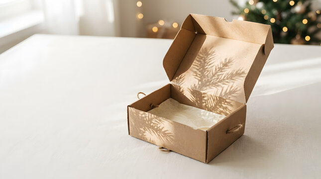 Opened Kraft Paper Gift Box with Shadowy Leaf Pattern, Packaging Design for E-Commerce, Sustainable Delivery, Product Presentation