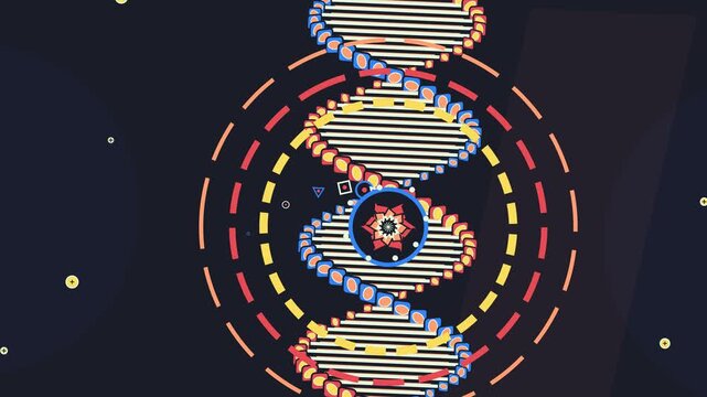 Stylized animated DNA double helix rotating with geometric shapes and concentric circles on dark background