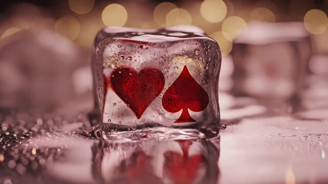 Romantic Ice Cube Heart Emitting Warm Light Reflections in Soft Bokeh