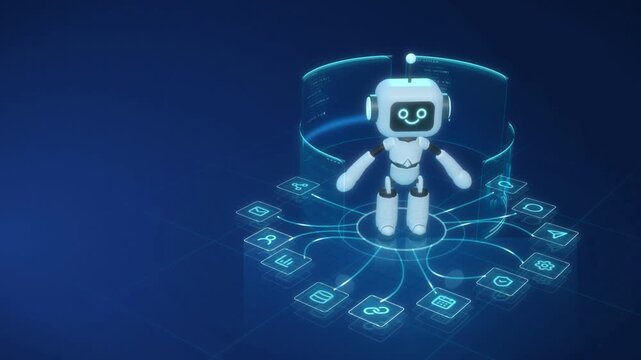 Friendly robot assistant standing on a hub connected to a ring of glowing app icons