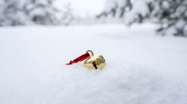 Golden Bell in Snow, Winter Holiday Decoration, Festive Season Symbol, Christmas Ornament, Winter Wonderland Concept. Holiday Cheer, Seasonal Design.