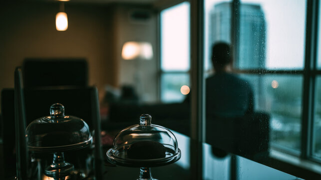 Moody anniversary dinner scene with covered glass cloche dishes, reflective table, seated person, rain streaked window, and blurred city tower at dusk