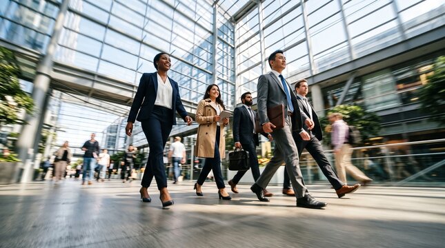 Diverse business people walking in modern office building