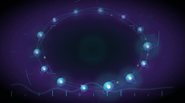 Ring Of Glowing Qubits With Entanglement Arcs And Interference Waves Around Empty Center Seamless Loop