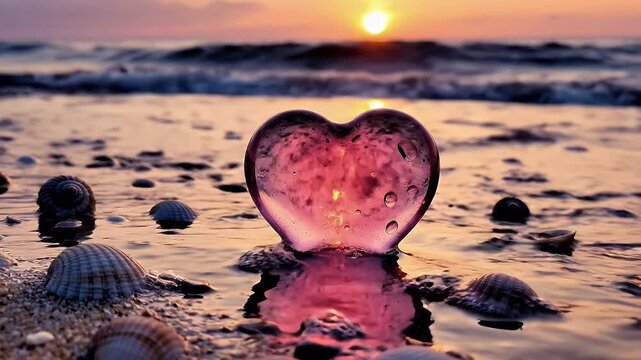 Romantic pink glass heart resting on sandy beach at sunset with shells