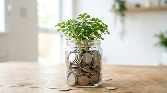 Small Green Plant Growing from a Glass Jar Filled with Silver Coins on a Wooden Table, Concept of Financial Growth and Investment