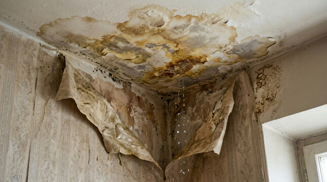 Interior Stock Photo Water Damage Inside Apartment Large Dirty Yellow Water Stain Bulging Peeling Damp Wallpaper Room Ceiling Wall Corner Heavy Water Drop Falling Down Realistic Aesthetic Textless
