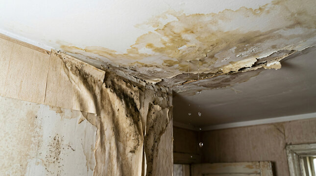 Interior Stock Photo Water Damage Inside Apartment Large Dirty Yellow Water Stain Bulging Peeling Damp Wallpaper Room Ceiling Wall Corner Heavy Water Drop Falling Down Realistic Aesthetic Textless