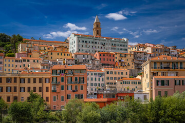Fototapeta premium Colorful Mediterranean houses on the hillside, the old town Ventimiglia, Italy