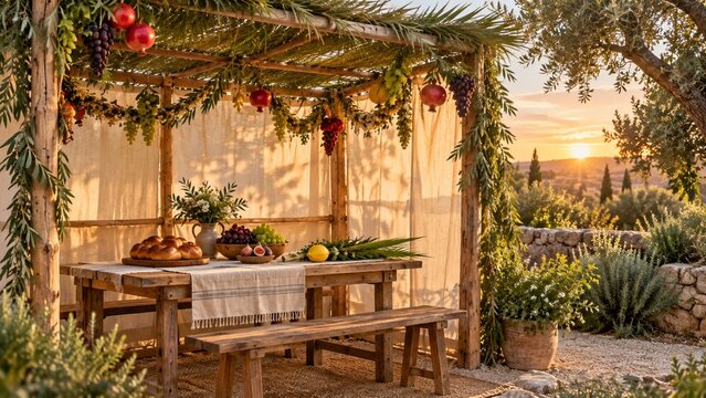Traditional sukkah booth built outdoors for sukkot festival with harvest decorations at sunset