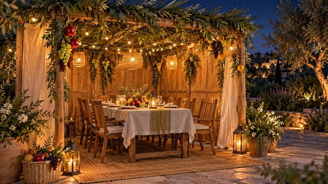 Illuminated sukkah booth at night with string lights and festive dinner table
