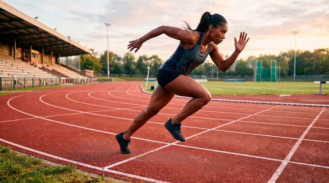 Woman sprinter running on track at sunset