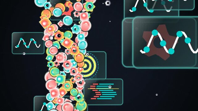 Colorful abstract representation of epigenetic memory and data processing with flowing molecular shapes and floating holographic data panels on a dark background