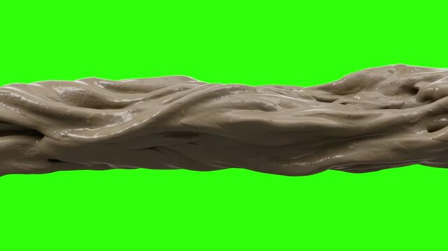 A smooth 3D animated stream of thick wet clay or liquid mud flowing in a wave horizontally across a chroma key green background. Ideal for pottery promos, construction videos, skincare mud mask commer