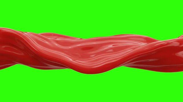 A rich 3D animated stream of thick red liquid or paint flowing in a smooth wave across a chroma key green background. Excellent for cosmetics advertising, artistic liquid reveals, blood simulations, c