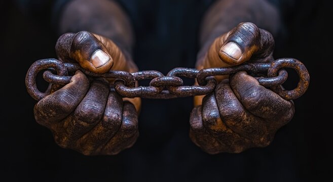 Hands bound by a rusty chain
