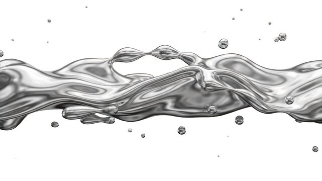 A dynamic 3D animated stream of shiny liquid mercury or metallic silver with floating droplets on an isolated white background. Perfect for sci-fi scenes, futuristic tech intros, luxury metallic logos