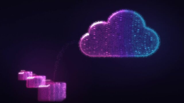 Cascading stack of neon folders sending documents up to a glowing particle cloud