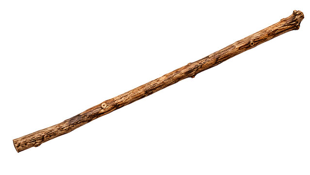 Single straight brown wooden stick branch isolated on a white background