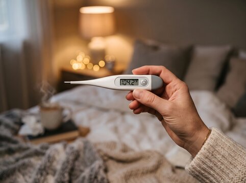 Digital thermometer showing high fever held in hand, sick person resting in cozy bedroom, flu and cold recovery at home with warm tea and blankets