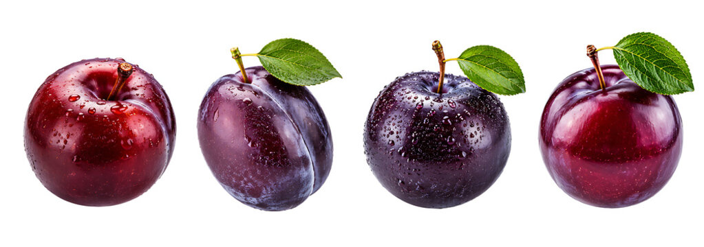 Row of five fresh ripe dark purple plums isolated on a white background