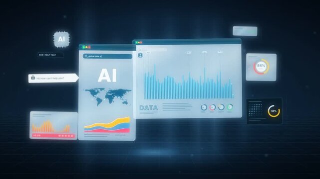 Stacked browser windows showing an AI panel world map and live data charts in parallax