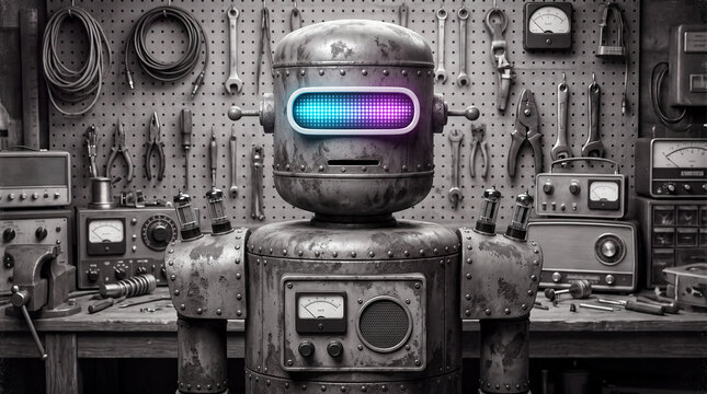 Rusty riveted robot with teal and purple glowing visor in a workshop of hanging tools, radios, gauges and analog gear