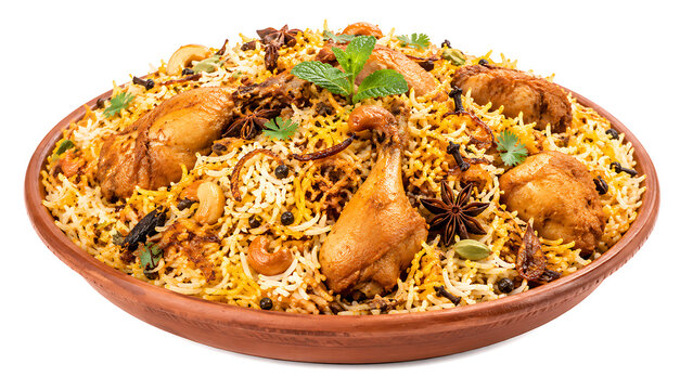 Traditional Indian chicken biryani rice dish in a clay bowl isolated on white