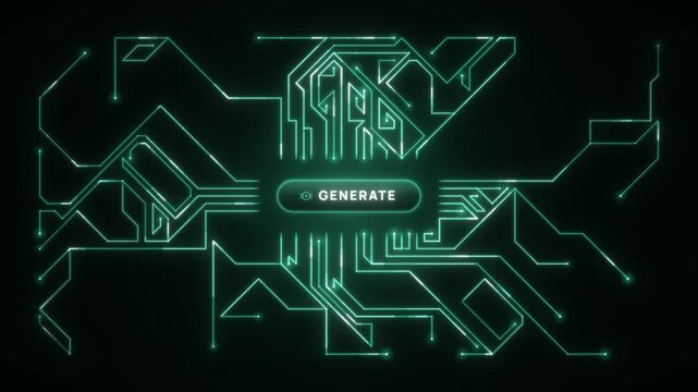 Green circuit traces spreading outward from a glowing generate button on a dark screen