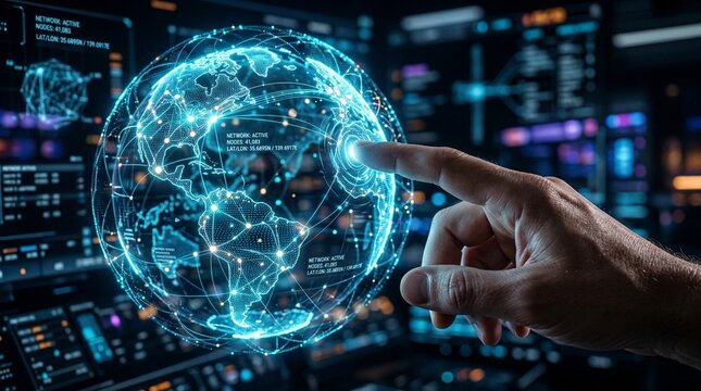 Hand touching futuristic digital globe network