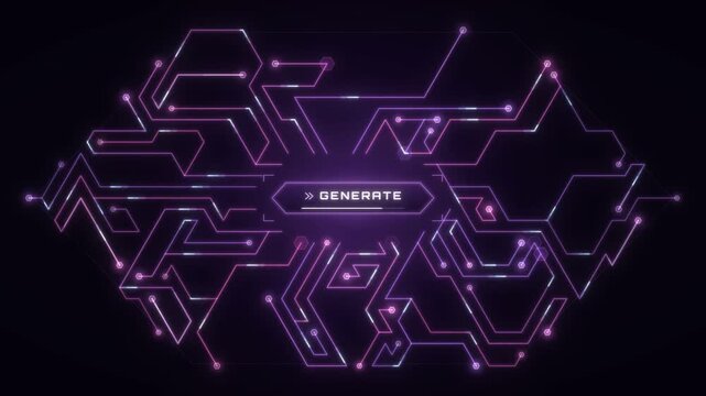 Purple hexagonal circuit lines growing outward from a glowing generate button