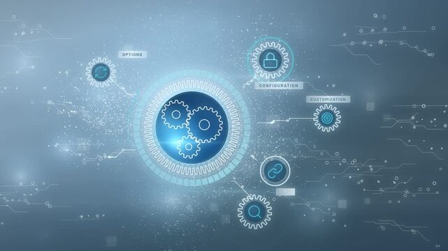 Blue gear icon turning inside a settings hub linked to configuration and preference nodes