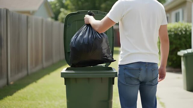 Young man in a white shirt and denim jeans is putting a large black plastic garbage bag into a green outdoor trash bin at home