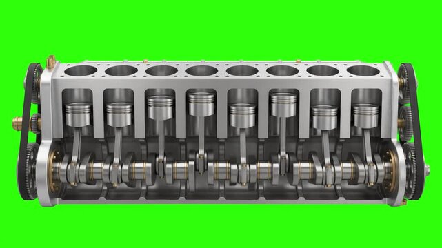 A detailed 3D animated cross section of an inline engine block with working pistons and crankshaft on a chroma key green background. Ideal for automotive educational videos, mechanical engineering, te