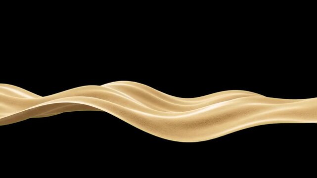 A sleek 3D animated wave of golden beige liquid or cosmetic foundation flowing horizontally against a solid black background. Excellent for luxury cosmetics ads, makeup product visualizers, skincare c
