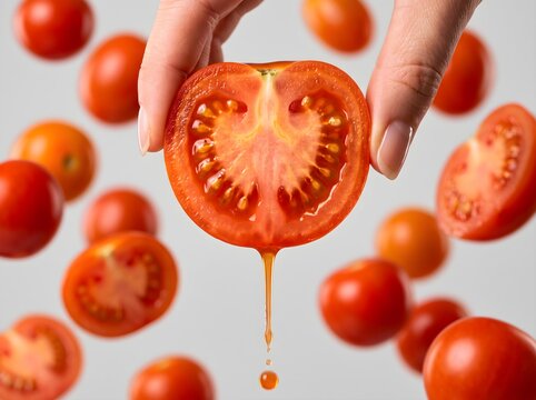Fresh tomato slice held by fingers with juice dripping, red cherry tomatoes levitating on grey background, organic vegetable food concept