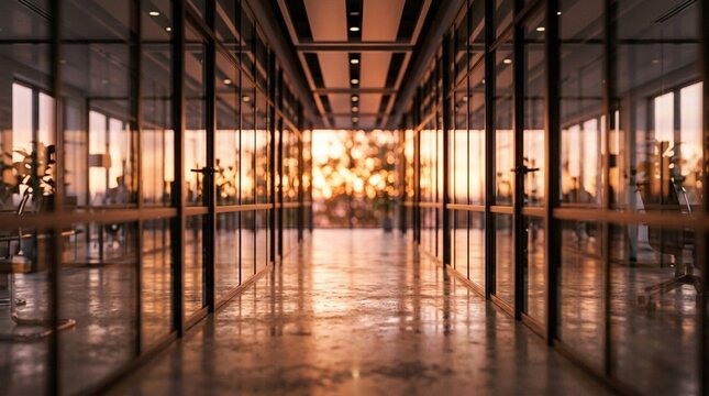 Modern glass building interior with reflective floor