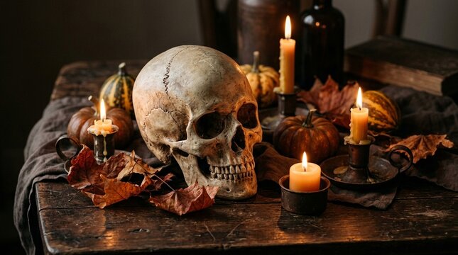 Human skull with candles on dark cloth