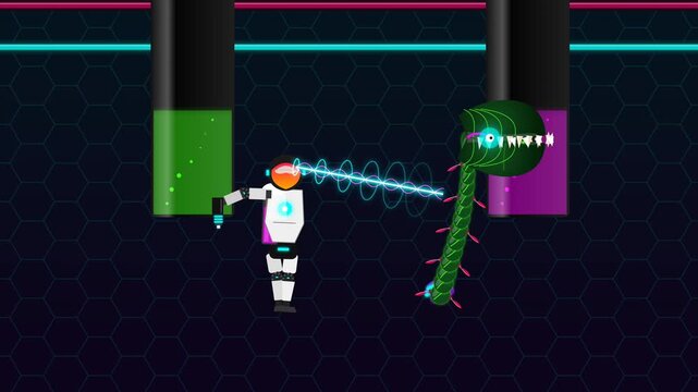 2D animation of a futuristic robot shooting a blue laser beam at a terrifying green plant monster in a dark laboratory setting