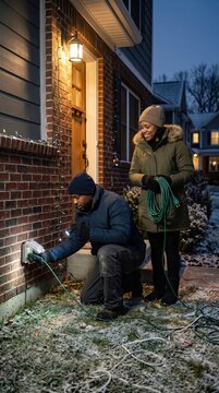 A man kneels to plug in holiday lights while a woman stands nearby holding a green extension cord in a snowy residential yard at night. They are preparing their home for the festive winter season.