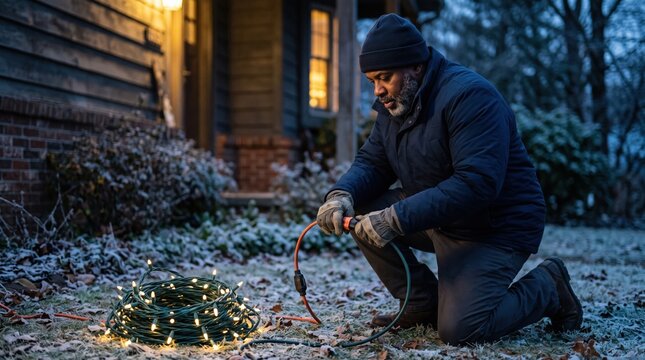 Mature man kneeling on a frosted winter lawn to connect glowing holiday string lights for outdoor seasonal decoration. The focused individual works in the cold evening air to prepare festive lighting.