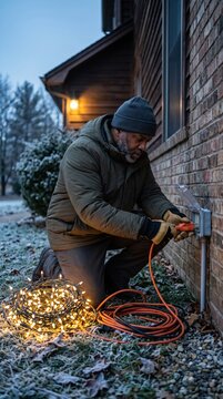 Focused man connecting an orange extension cord to an outdoor wall outlet to power festive holiday lights on a brick house facade during a cold winter twilight. He is kneeling on frosted ground.