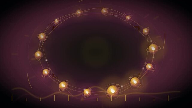 Ring Of Glowing Qubits With Entanglement Arcs And Interference Waves Around Empty Center Seamless Loop