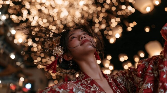 young woman in hanfu beneath golden fireworks