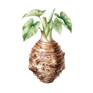 Watercolor illustration of a fresh celeriac root vegetable isolated on white