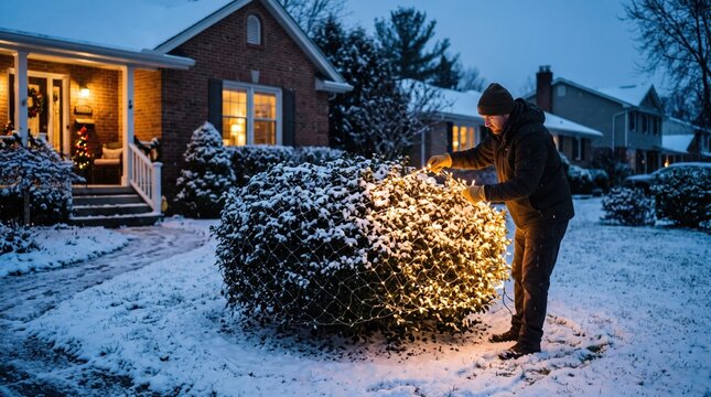 Man carefully adjusting glowing net lights on snowy evergreen hedge at twilight as he prepares his front yard for the winter holiday season. The warm illumination contrasts with the cold blue snow.