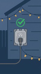 Obraz premium Outdoor electrical outlet with plugged in holiday string lights and green checkmark symbol indicating a safe and correct connection for festive exterior lighting on a house wall at night.
