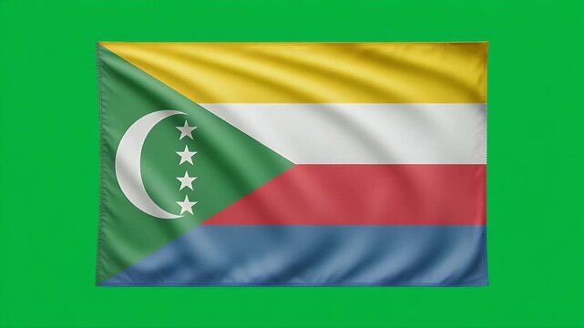 A realistic animation of the Comoros national flag fluttering against a solid green background.